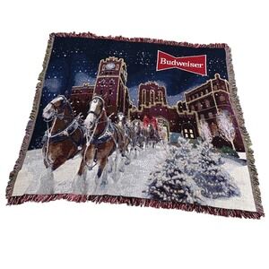 Budweiser Clydesdale Winter Brewery Woven Tapestry Throw Blanket 100% Cotton
